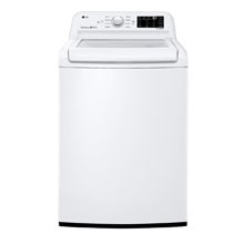 A white top-loading washing machine features a dark control panel and lid, offering a clean and minimalistic design.