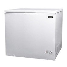 A white chest freezer with a simple design and a control dial near the bottom right corner.