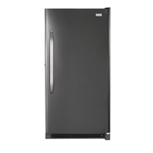 A tall, dark gray upright freezer with a single vertical handle on the left side.