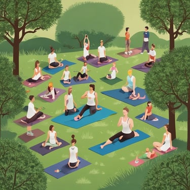 A group of diverse individuals practicing yoga outdoors in a tranquil environment.