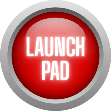 A glossy red circular button featuring a glowing white Launch Pad text label in a silver frame.