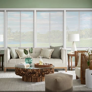 living room with sheer horizontal blinds and natural light – Rise Up Window Coverings Milwaukee