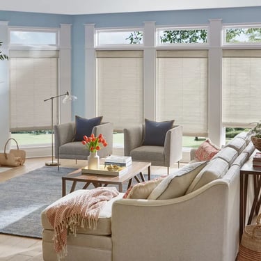 living room with beige cellular shades and natural light – Rise Up Window Coverings Milwaukee