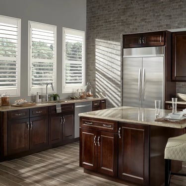 kitchen with dark wood cabinets and white plantation shutters – Rise Up Window Coverings Milwaukee