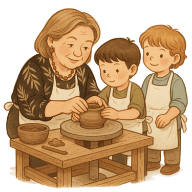 molio edukacija žiedžiant molį su staklėmis, mokytoja ir du vaikai žiedžia buodynę