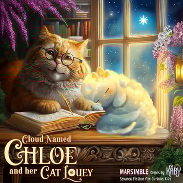 Cat Louey and cloud Chloe reading together by moonlight at a window surrounded by lilacs and heather