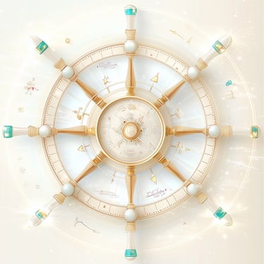 Elegant golden ship wheel with emerald accents and celestial symbols on soft glowing background.