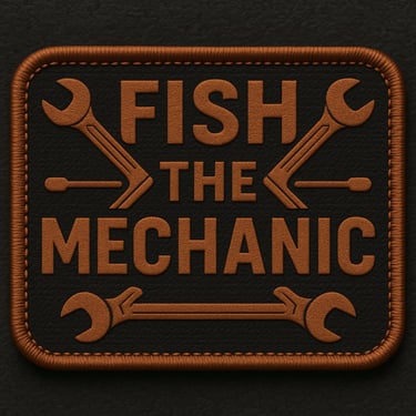 a brown leather patchwork logo on a black background