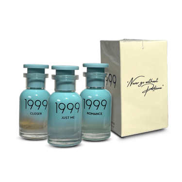 Turquoise perfume bottles Closer, Just Me, and Romance beside a box with the quote Never go without perfume.