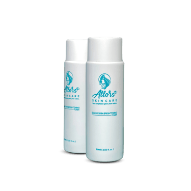 Two white bottles of Allors Skin Care Glass Skin Brightening Toner, labeled with turquoise text