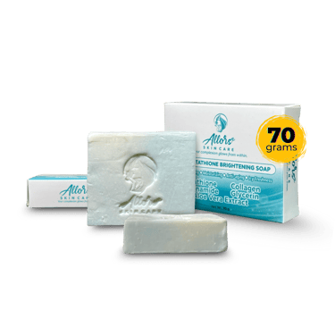 Allors Skin Care Glutathione Brightening Soap with aloe vera, glycerin, and collagen, featuring white bar and packaging.