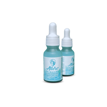 Two bottles of Allors Luxe Supreme Moisturizing Serum, featuring light blue liquid and dropper caps on white background.