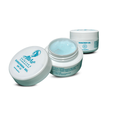Two white jars of Allors Skincare SPF 50 Sunscreen Gel, one open revealing light blue gel, against clean background.
