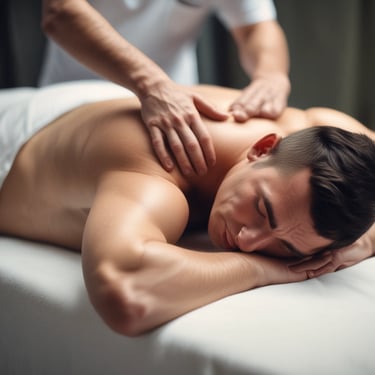 A woman is lying on a blue towel with her eyes closed, receiving a back massage. The hands of the person giving the massage are visible, applying gentle pressure to the woman's upper back.