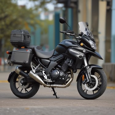A custom motorcycle with a rugged appearance is parked on a dirt path. The bike is designed with a matte black paint job, featuring a branded logo of 'Cafe Racer'. It is equipped with dual front suspensions, a circular headlamp with grill protection, and handlebars extending outward. The background includes residential buildings and some trees.
