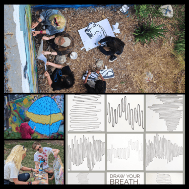 image collage of artist lead wheat paste going up, draw your breath examples and young people paint