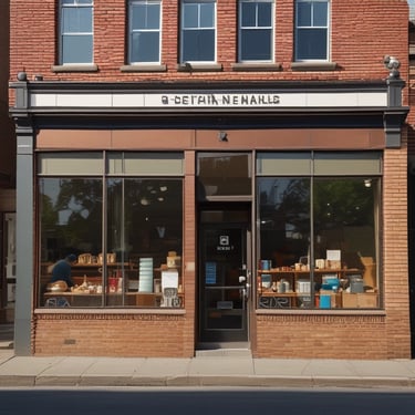 A charming bakery storefront with a brick and pastel blue facade. The lettering on the sign reads 'Main Street Bakery', adorned with small decorative bulbs. The awning is a bright blue, complementing the calm and inviting exterior. Next door, another shop offers fresh goods like bread, cookies, and cakes, as indicated by the signage.