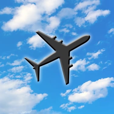 Aeroplane Symbol on Blue Sky with Clouds