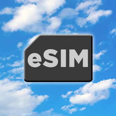 eSIM Symbol on Blue Sky with Clouds