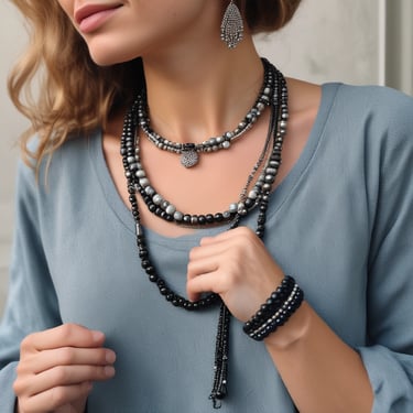 A collection of jewelry and accessories spread on a red velvet surface. Various items include earrings, rings, necklaces, and bracelets in different designs and colors such as silver, gold, and black. Some pieces have gemstone embellishments, while others have intricate metalwork.