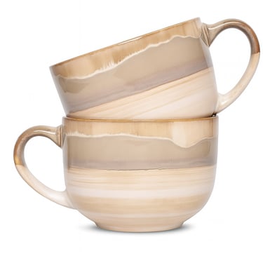 Two stacked ceramic mugs with a wide, rounded shape and earth-toned gradient glaze featuring beige