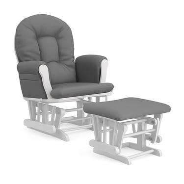 a rocking glider glider chair with a grey and white upholstered seat
