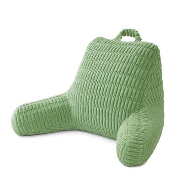 Sage green corduroy backrest pillow with arms and carry handle.