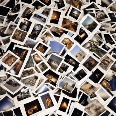 a bunch of print photos in a pile
