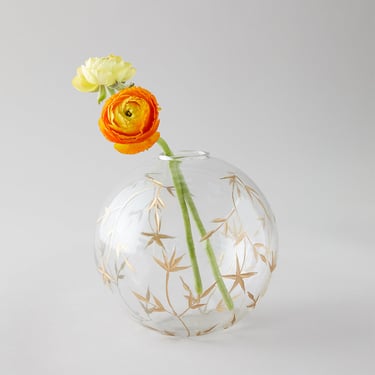 glass vase round hand cut gold painted