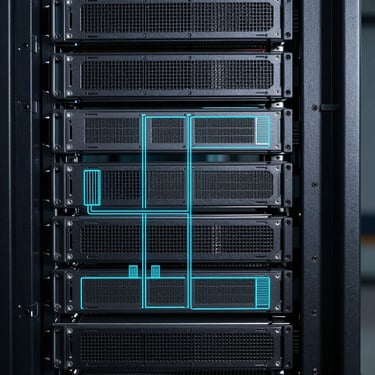 High-precision technical schematic of a server network layout, clean lines on a dark background, electric cyan highlights.