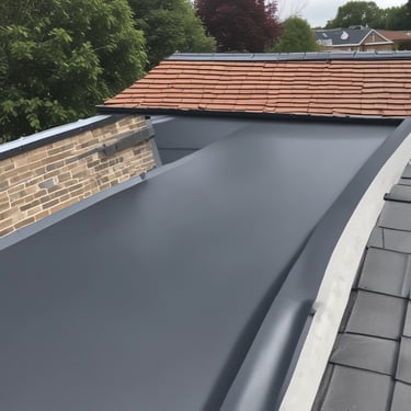A person is working on a corrugated metal roof, wearing a harness for safety. They appear to be engaged in some kind of maintenance or repair work, holding equipment or tools. The roof is weathered and shows patches of rust and wear.