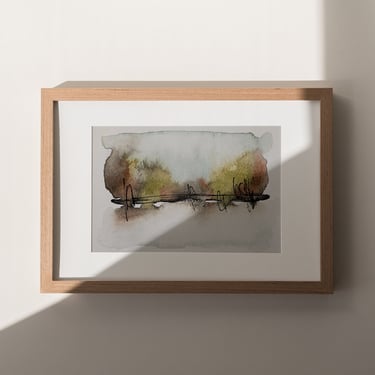 framed abstract landscape watercolor painting by Sweet Ruby Moon in warm natural light and wood frame