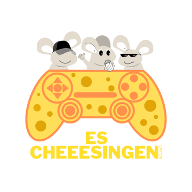 Logo von ES CHEEESSINGEN, Gaming-Community mit Käse-Controller und drei Cartoon-Mäusen