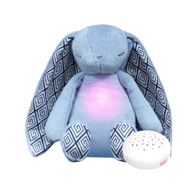 Blue plush bunny sleep aid with a glowing chest and star projector for nursery night light.
