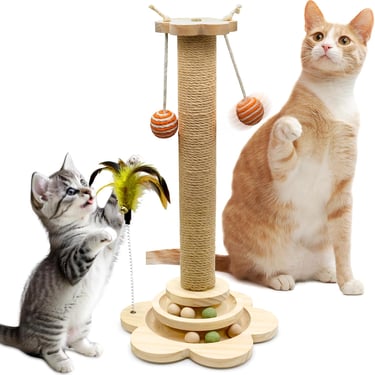 Multifunctional Cat Scratching Post with Interactive Toys, Cat Scratcher with Natural Sisal, Solid W