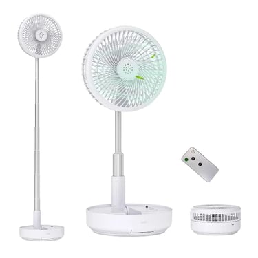 White portable telescopic folding pedestal fan with remote control for home cooling.