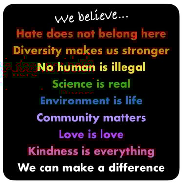 Black background with text: We believe hate does not belong here... We can make a difference