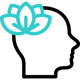 Minimalist teal lotus flower icon on a black background representing yoga and wellness.