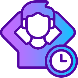 A purple and blue gradient icon of a relaxed man with hands behind head and a clock symbol.