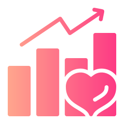 A pink bar graph with an upward arrow and heart icon representing positive growth in health metrics.