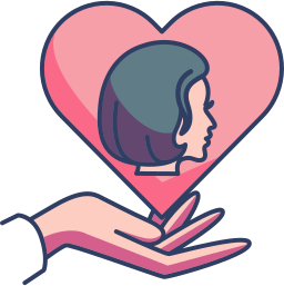 Illustration of a hand holding a pink heart with a woman's profile silhouette inside.