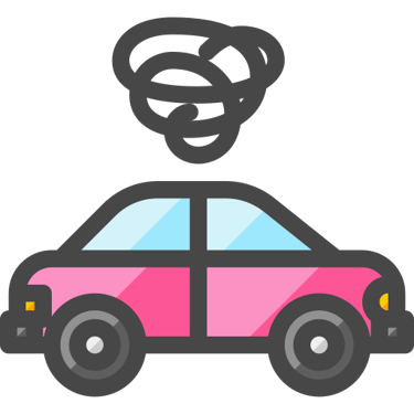 Flat vector icon of a pink car with smoke cloud indicating vehicle emissions or engine trouble.