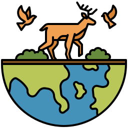 Minimalist nature logo featuring an orange deer and birds above a blue and green Earth globe icon.