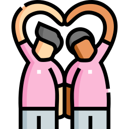 Flat vector icon of two people in pink shirts forming a heart shape with their arms.