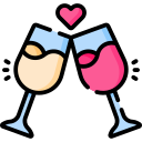 A flat icon of two wine glasses clinking for a toast under a pink heart symbol.