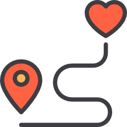 A flat icon showing a winding path connecting a red map pin to a red heart symbol.