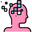 Pink silhouette icon of a human head with digital data pixels representing artificial intelligence.
