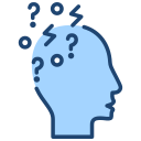 A blue human head icon with question marks and lightning bolts representing confusion or mental stress.