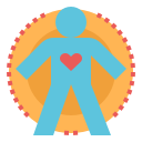 Icon of a teal stick figure with a red heart on its chest, encircled by a gold and red sunburst, symbolizing health and