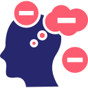 Illustration of a human profile with negative thought clouds representing stress and pessimism.